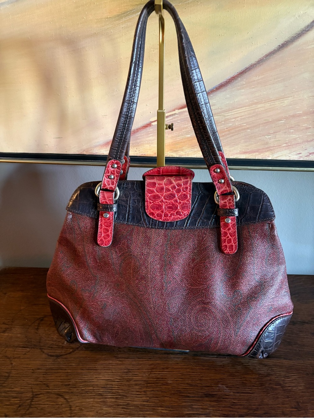 Vintage ETRO Paisley Tote Bag Red Croc Embossed Leather Silver Hardware - Picture 3 of 17